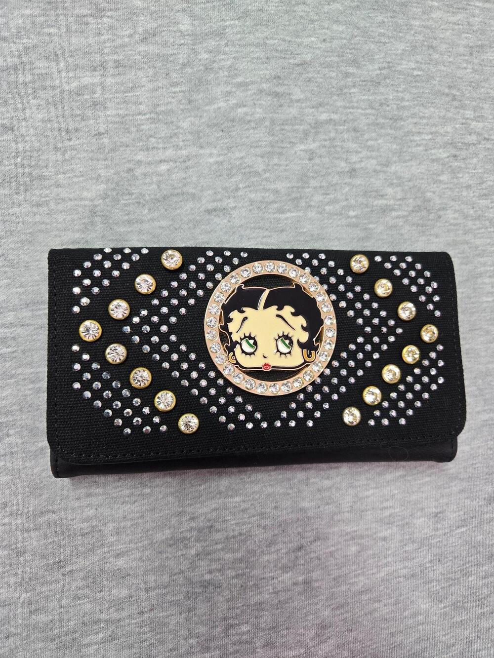 Betty Boop Wallet Womens One Size Black Rhinestone Cartoon Folding Boo Logo